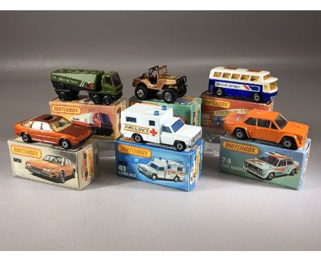 Six boxed Matchbox diecast model vehicles: 5 4x4 Jeep Offroad, 8 Rover 3500, Superfast 41 Ambulance, Superfast 63 Freeway Gas