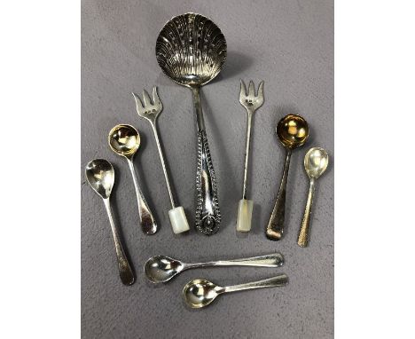 Good collection of silver salt spoons (6) two silver hallmarked pickle forks and a hallmarked silver ladle (9)