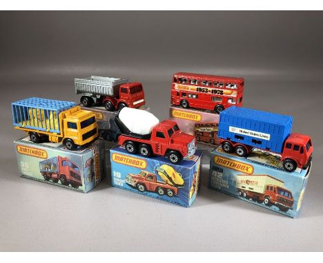 Five boxed Matchbox diecast model vehicles:17 The Londoner, Superfast 19 Cement Truck, 30 Artic Truck, 35 Zoo Truck, Superfas