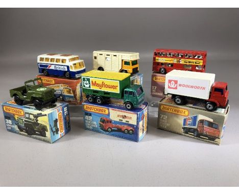 Six boxed Matchbox diecast model vehicles: 17 The Londoner, Superfast 38 Armoured Jeep, Superfast 40 Horsebox, Superfast 42 M