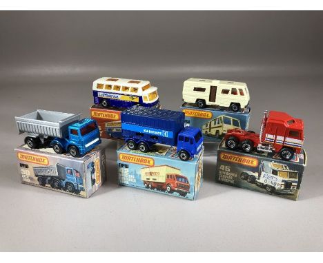 Five boxed Matchbox diecast model vehicles: 30 Artic Truck, 42 Mercedes Container Truck, 45 Kenworth Cabover Aerodyne, 54 Mob