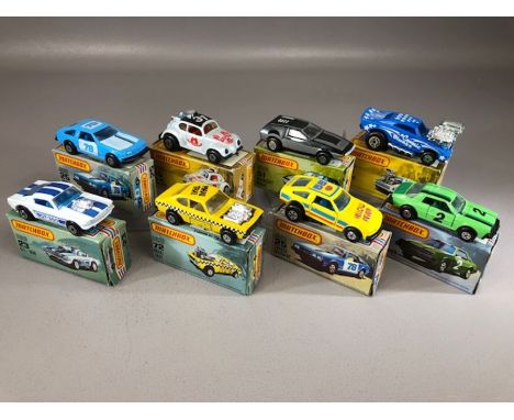 Nine boxed Matchbox diecast model vehicles:15 Hi Ho Silver, 26 Cosmic Blues, 23 G.T. 350, 25 Toyota Celica GT X2, 51 Midnight