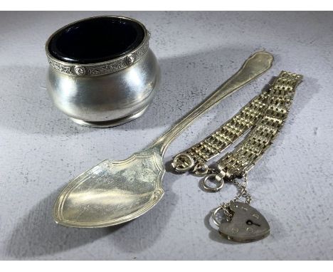 Hallmarked Silver items to include Silver salt, spoon and a gate link bracelet.
