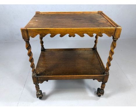 Vintage wooden tea trolley on turned wood legs and castors, approx 63cm x 45cm x 75cm tall