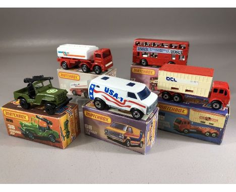 Five boxed Matchbox diecast model vehicles: 14 Petrol Tanker, 17 The Londoner, Superfast 38 Armoured Jeep, Superfast 42 Merce