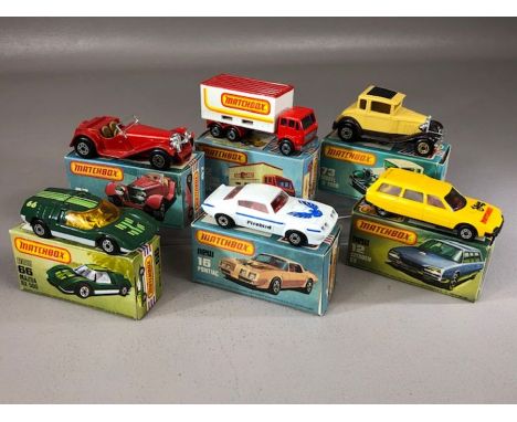 Six boxed Matchbox diecast model vehicles: 12 Citroen GX, 16 Pontiac, Superfast 42 Mercedes Container Truck, 47 Jaguar SS100,