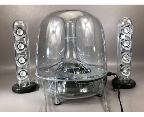 Contemporary Harman Kardon Soundsticks II  - three piece plug and play speaker system comprising central sub woofer flanked b