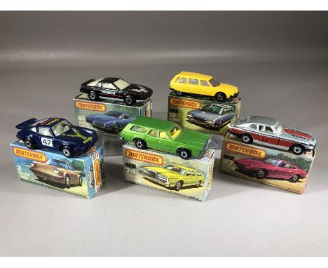 Five boxed Matchbox diecast model vehicles: Superfast 3 Porsche Turbo, 12 Citroen CX, Superfast 74 Cougar Village, 51 Pontiac