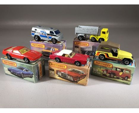 Five boxed Matchbox diecast model vehicles: Superfast 28 Lincoln, 30 Artic Truck, 51 Pontiac Firebird SE, Superfast 53 CJ-6 J