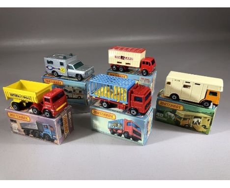 Five boxed Matchbox diecast model vehicles: 30 Arctic Truck, 35 Zoo Truck, Superfast 40 Horsebox, Superfast 41 Ambulance, Sup