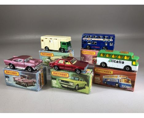 Five boxed Matchbox diecast model vehicles: 4 '57 Chevy, 17 The Londoner, Superfast 40 Horsebox, Superfast 55 Ford Cortina, S
