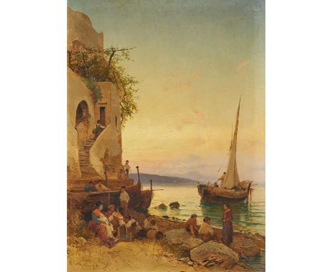 CORRODI, HERMANN1844 Frascati - 1905 RomTitel: Abendstimmung an einem italienischen See. Datierung: 1879. Technik: Öl auf Lei