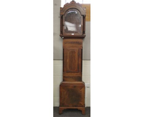 A 19th century mahogany and line inlaid long case clock case (no movement). With barley twist supports, inlaid with checkered