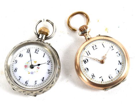 Two small silver and white metal fob watches. Both with white enamel dials and Arabic numerals, engraved decoration to the ca