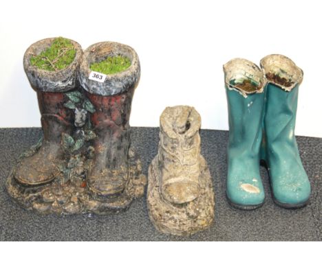 Two pairs of vintage garden boots and a single boot, tallest 33cm.