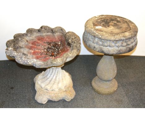 A vintage concrete garden table and shell shaped bird bath, Tallest 55cm. Condition : Shell A/F.