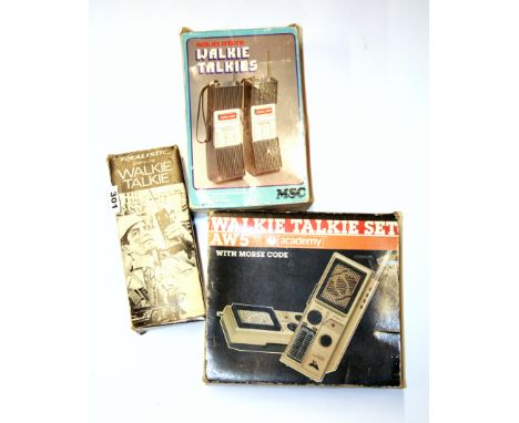 Three vintage walkie talkies.