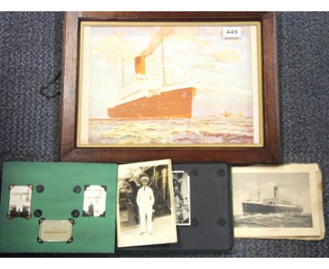 A framed print of the SS Minnetonka with a souvenir booklet and a part album of photographs taken on board, 46 x 35cm.