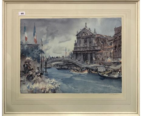 Sir Willaim Russell Flint (British 1880 - 1969) pencil signed lithograph of a canal scene, with impressed gallery mark. Publi