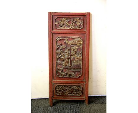 A 19th / early 20th Century carved Chinese wooden panel, H. 70cm, W. 30cm.