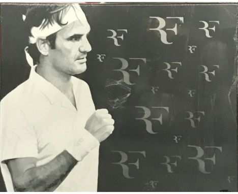 A Stephen Blades (Contemporary British) acrylic and silk portrait on canvas of Roger Federer, size 50 x 60cm.