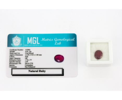 An unmounted oval cut 4.65ct ruby, with a MGL certificate.