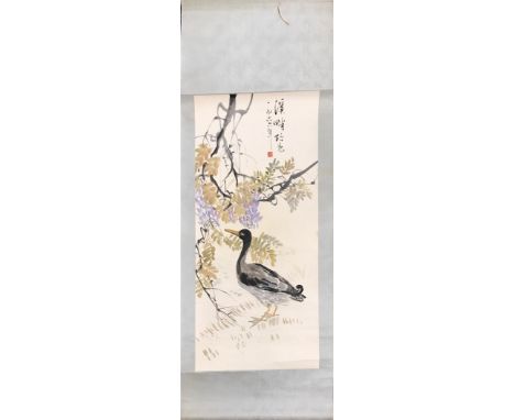 A mid-20th Century Chinese silk mounted watercolour scroll painting of a duck, W. 54 H. 145cm.