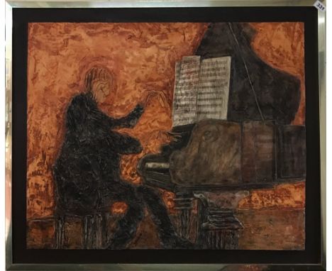 Bernard Rooke. An unusual large framed Studio pottery wall panel of a pianist, 94 x 79cm.
