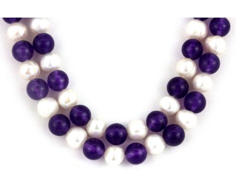 A long polished amethyst bead and cultured pearl necklace, L. 120cm.