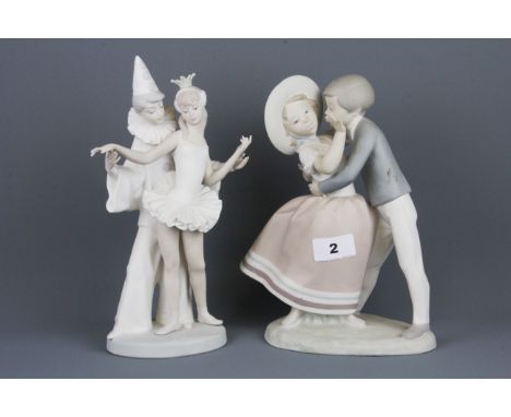 Two Lladro bisque porcelain figures of couples, H. 27, H. 25. Condition: both figures have one finger missing.