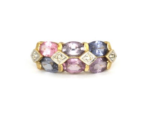 A 9ct yellow gold ring set with amethyst, pink tourmaline, iolite and diamond, (N).