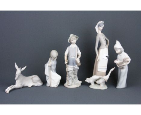 Five Lladro bisque porcelain figures of children and a donkey, tallest 23cm. Condition: Stick missing from the girl's hand.