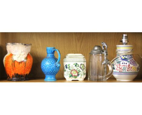 A Poole pottery lamp base and a Masons china tea caddy, a Minton jug and two other items.