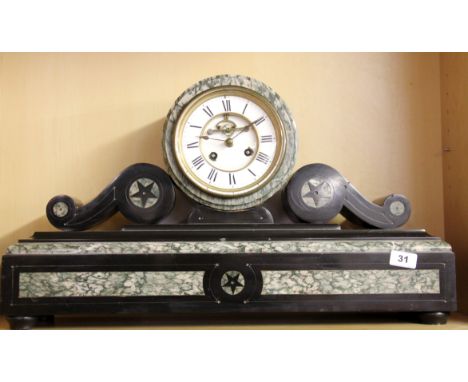 A large 19th Century French marble and slate mantle clock, H. 38cm, W. 64cm. Condition: working condition unknown, no pendulu