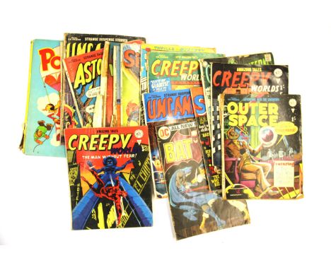 A quantity of vintage space fiction comics including Out of Space no. 1 and a Popeye annual.