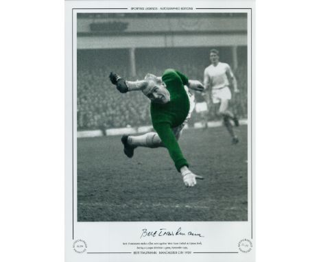 Autographed BERT TRAUTMANN 16 x 12 Limited Edition : B/W, depicting Manchester City goalkeeper BERT TRAUTMANN diving to diver