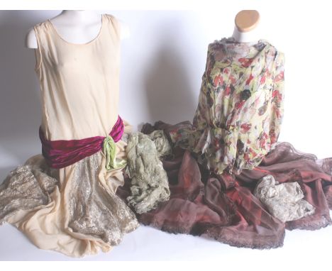 A pale green chiffon and sequin dress; a  printed chiffon top made from an older garment, a pale brown layered skirt, a 1980s