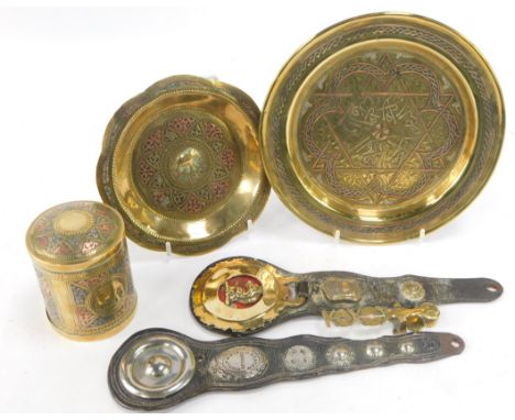 A group of Eastern wares, comprising a hammered tricolour Eastern elephant trinket box, 9cm high, two chargers,  20cm diamete