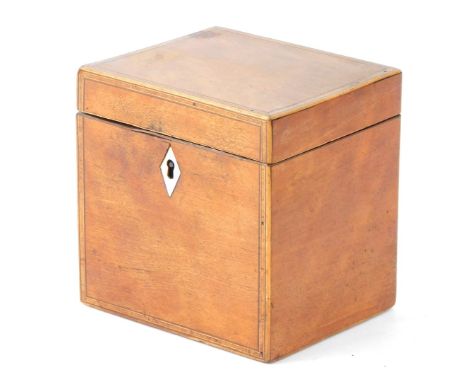 A late 19thC fruitwood tea caddy, with bone escutcheon, 11cm high, 10cm wide, 10cm deep.