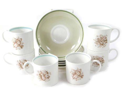 Six Susie Cooper coffee cans and saucers, each with musical instrument emblem, and a single striped border. (AF)