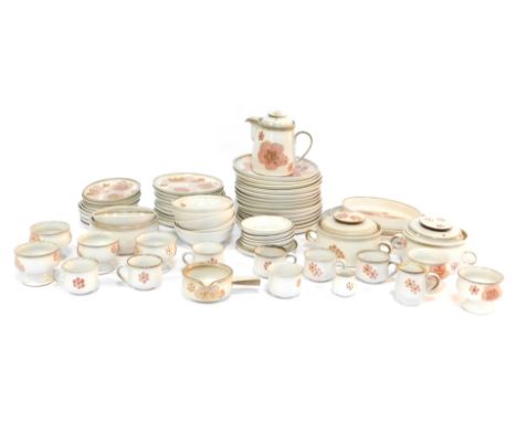 A Denby pink flowers pattern part tea and dinner service, comprising cups and saucers, tureens, serving bowls, graduated meat