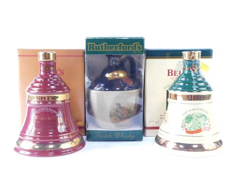 Bells and Rutherford's Scotch Whiskey decanters, comprising Bells Christmas 1998 and Christmas 1999, in presentation box, and
