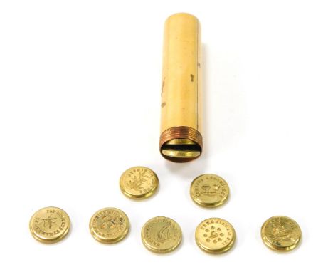 A 19thC French brass sealing wax etui, with mother of pearl screw on cover, and incorporating a stack of twenty four double s