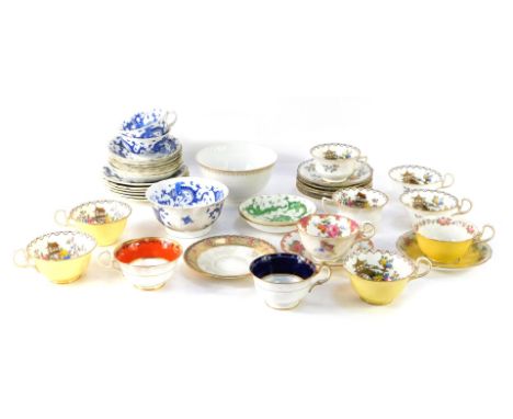 Various cups and saucers, Aynsley gilt painted cups and saucers, blue and white Plant China dragon pattern cups and saucers, 