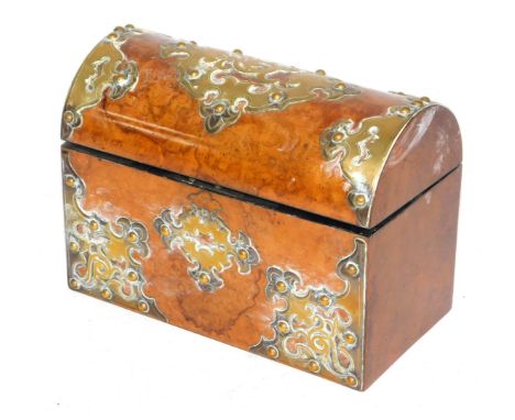 A Victorian walnut and brass bound domed tea caddy, with a vacant interior, 18cm high, 23cm wide, 12cm deep.