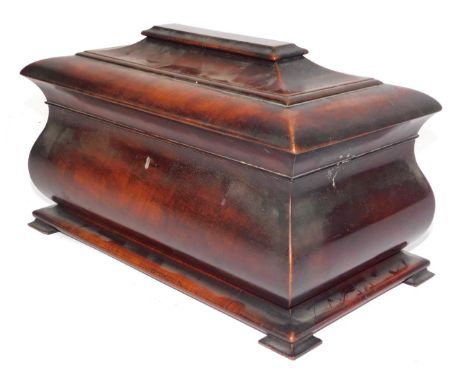 A William IV flame mahogany sarcophagus shaped tea caddy, the moulded top opening to reveal a fitted interior with central bo