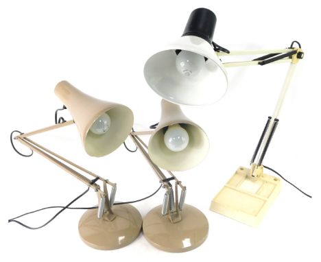 Three Anglepoise lamps, comprising two taupe Anglepoise lamp and a white plastic lamp. (3)