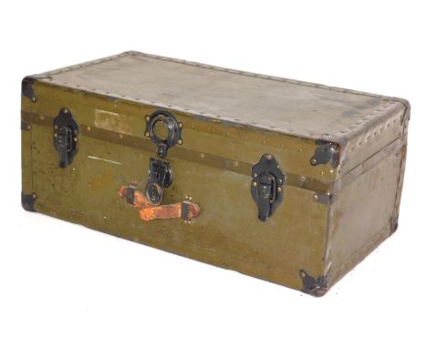 A green painted canvas and metal cabin trunk, with single leather handle, 77cm wide. (AF).