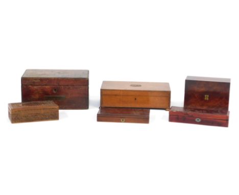 A group of 19thC and later boxes, including a flamed mahogany tea caddy, lacking interior, 15cm high, 20cm wide, 10cm deep, e