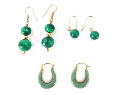 Three pairs of stone set earrings, to include a pair of U shaped jade hoop earrings, in yellow metal setting, stamped 9kt, 3c